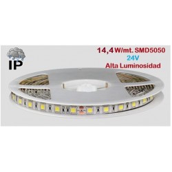 Tira LED 5 mts Flexible 24V 72W 300 Led SMD 5050 IP54 Blanco Frío Alta Luminosidad